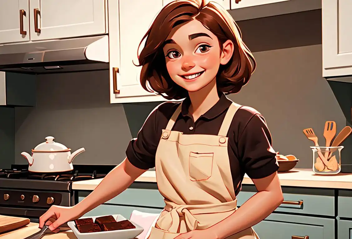 Young girl baking brownies with a big smile, wearing a cute apron, cozy kitchen setting..