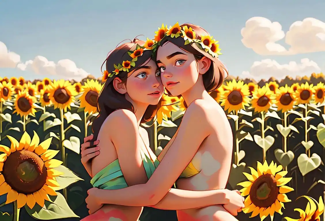 Young adults exploring nature, wearing flower crowns and holding hands in a field of sunflowers, embracing body positivity on National Naked Day..