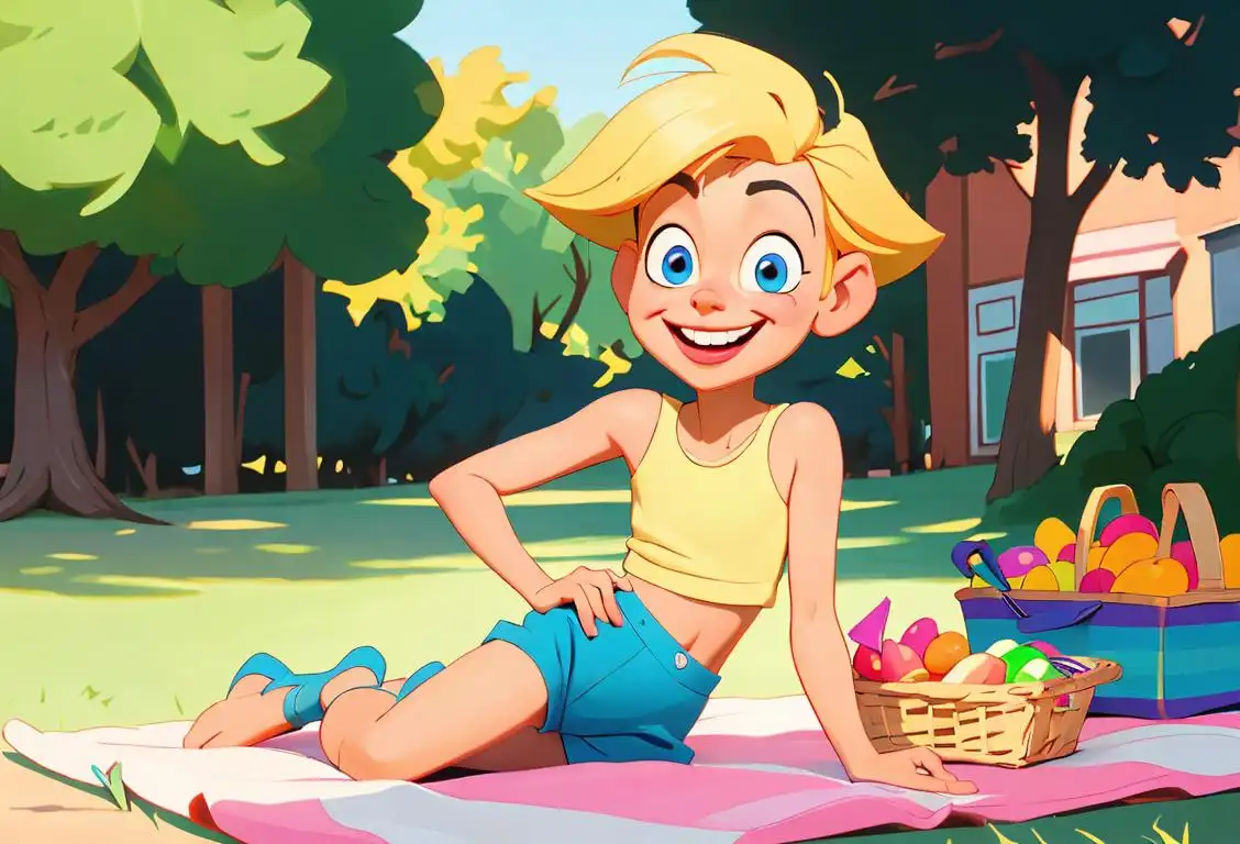 Playful cartoon character with a mischievous smile, wearing colorful briefs, outdoors at a sunny picnic..