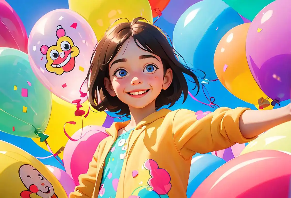 A happy child with a broad smile, dressed in bright colors, surrounded by balloons and confetti..