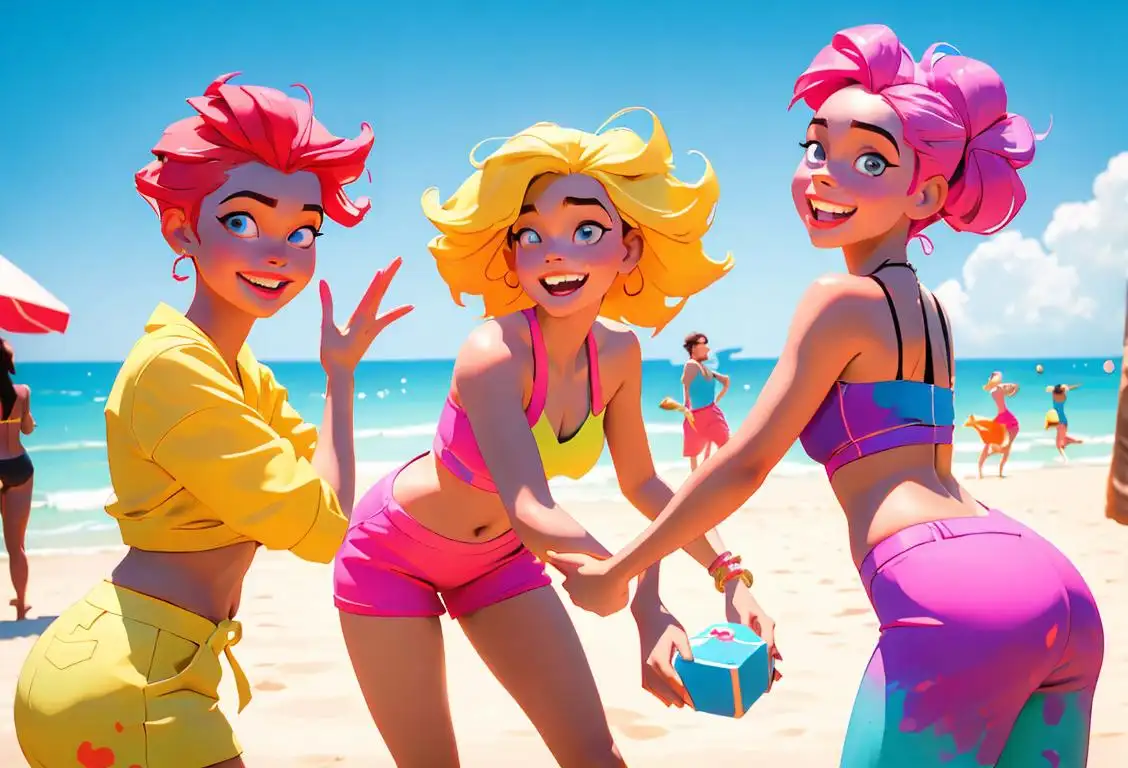 Cheerful group of friends smiling and wearing colorful summer outfits, at a beach party filled with laughter and games..
