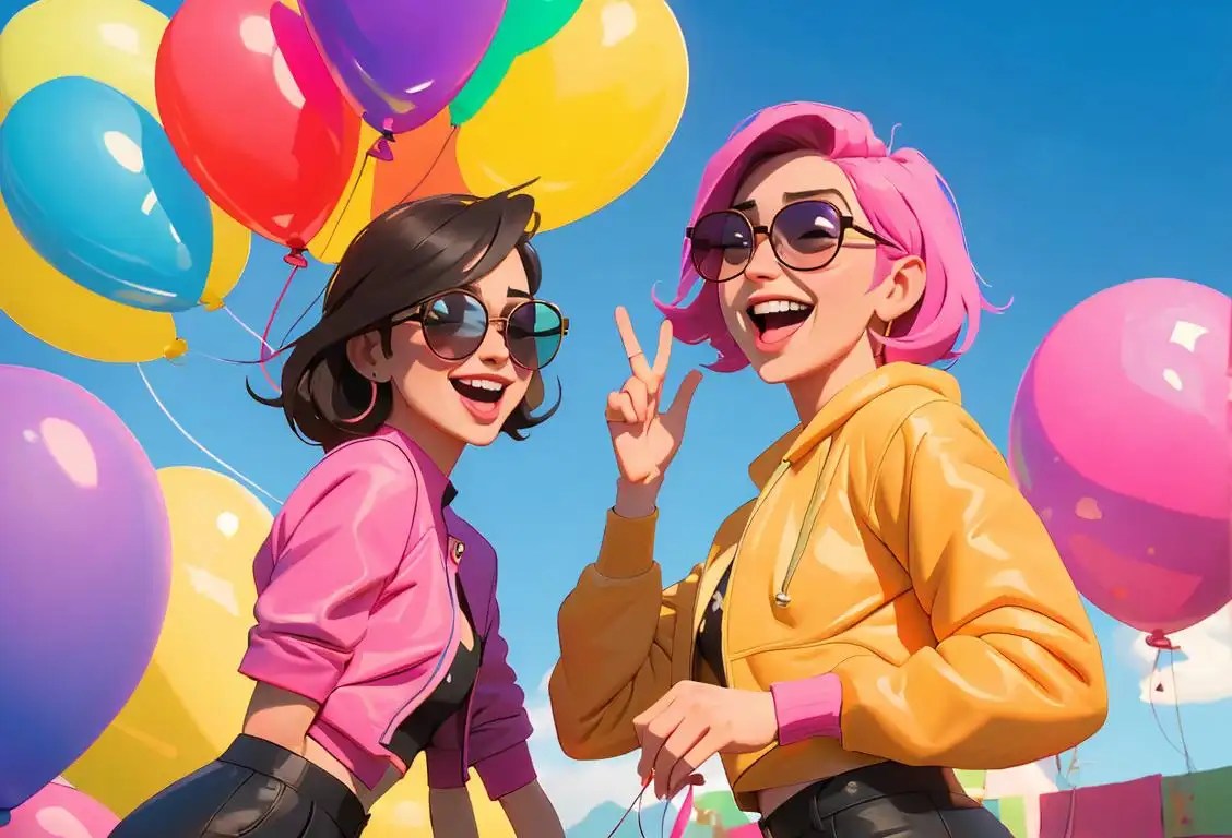 Two friends laughing together, wearing matching outfits, in a colorful outdoor setting with props like sunglasses and balloons..