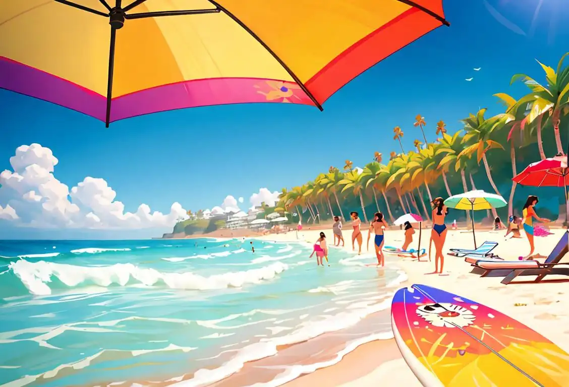 Beachgoers soaking up the sun with colorful umbrellas, swimsuits, and surfboards, capturing the essence of National Sun Day..