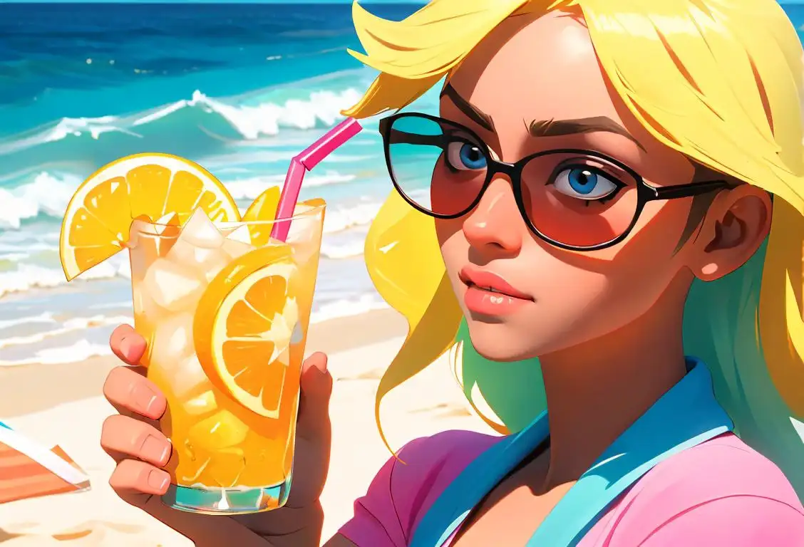 Young person wearing sunglasses, colorful beach attire, holding a summery drink, enjoying a sunny coastal scene..