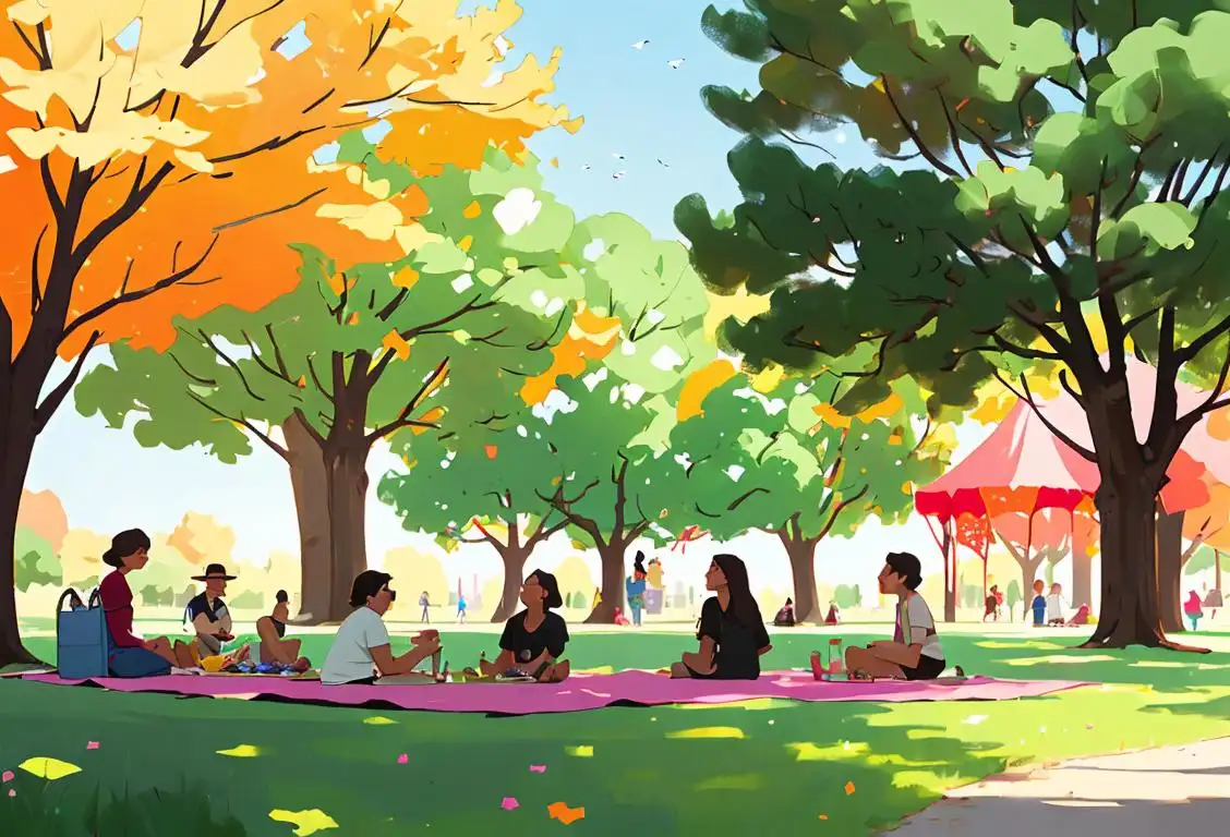 A group of diverse people enjoying a picnic in a beautiful park, wearing casual and colorful attire, surrounded by lively banners and community-related symbols..