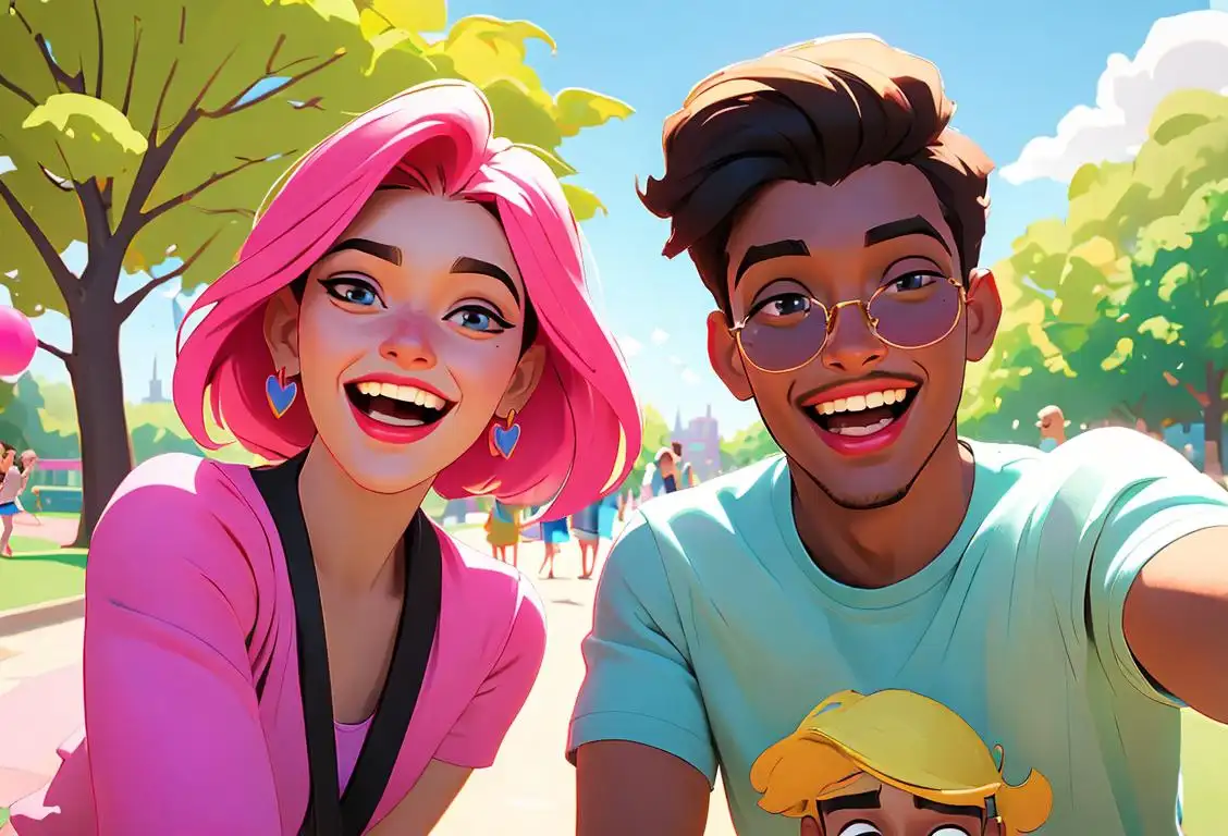 Two best friends, a young woman and man, laughing while taking a selfie in a vibrant park, trendy outfits, summer vibes..