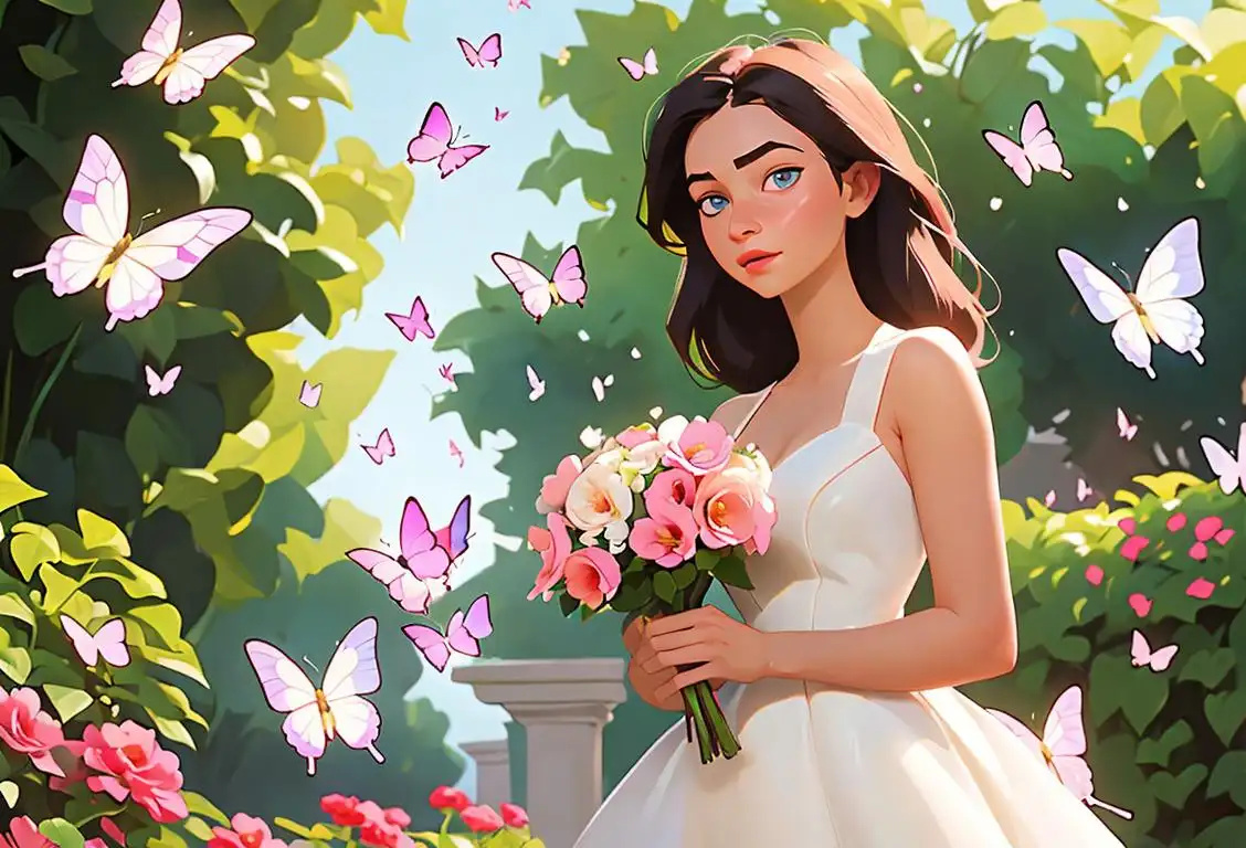 Young woman holding a bouquet of flowers, wearing a white dress, in a garden with butterflies fluttering around..