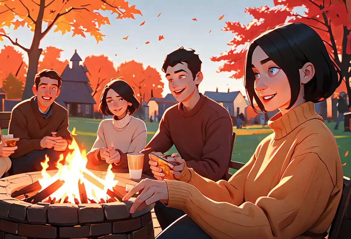 Happy people gathered around a bonfire, wearing cozy sweaters, autumn fashion, outdoors setting..
