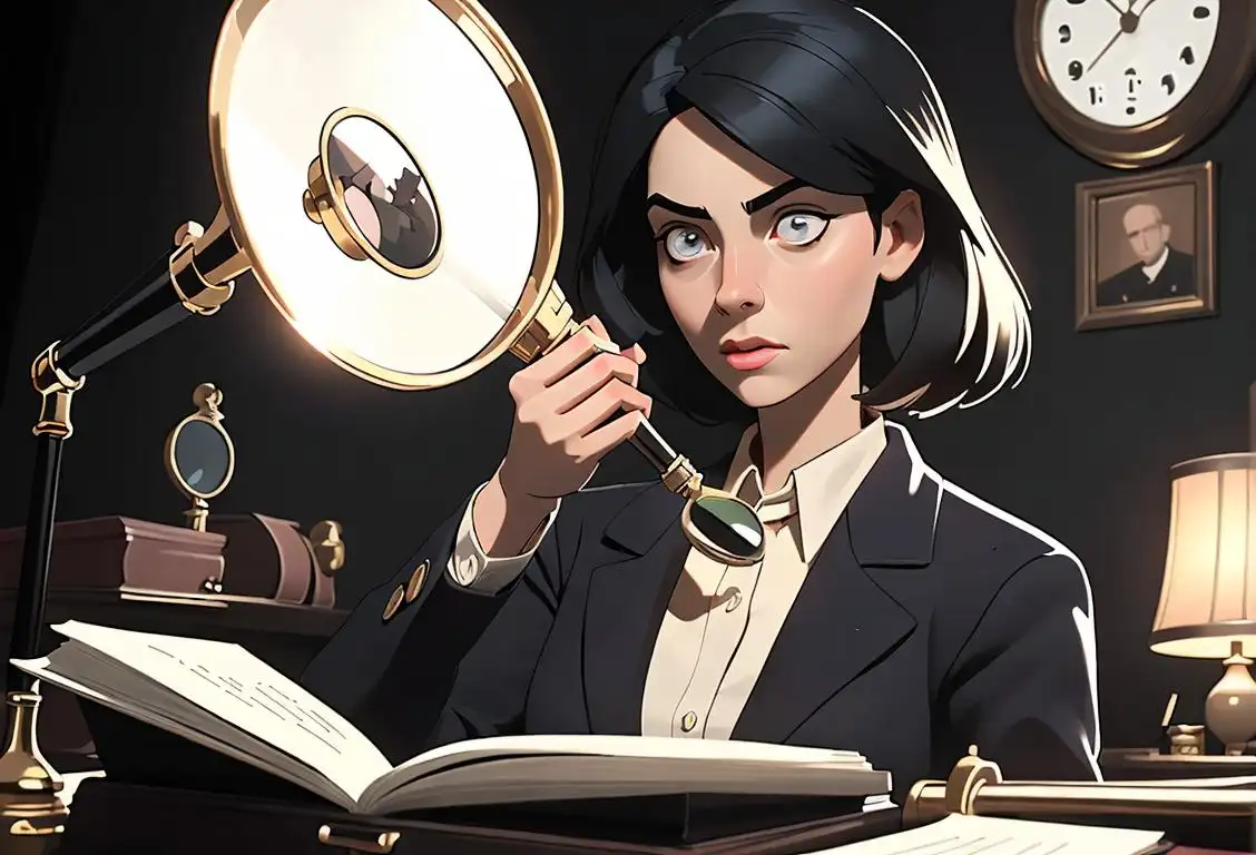 Young woman in detective attire, holding a magnifying glass, investigating a crime scene with a curious expression. Retro noir fashion, dimly lit office setting..