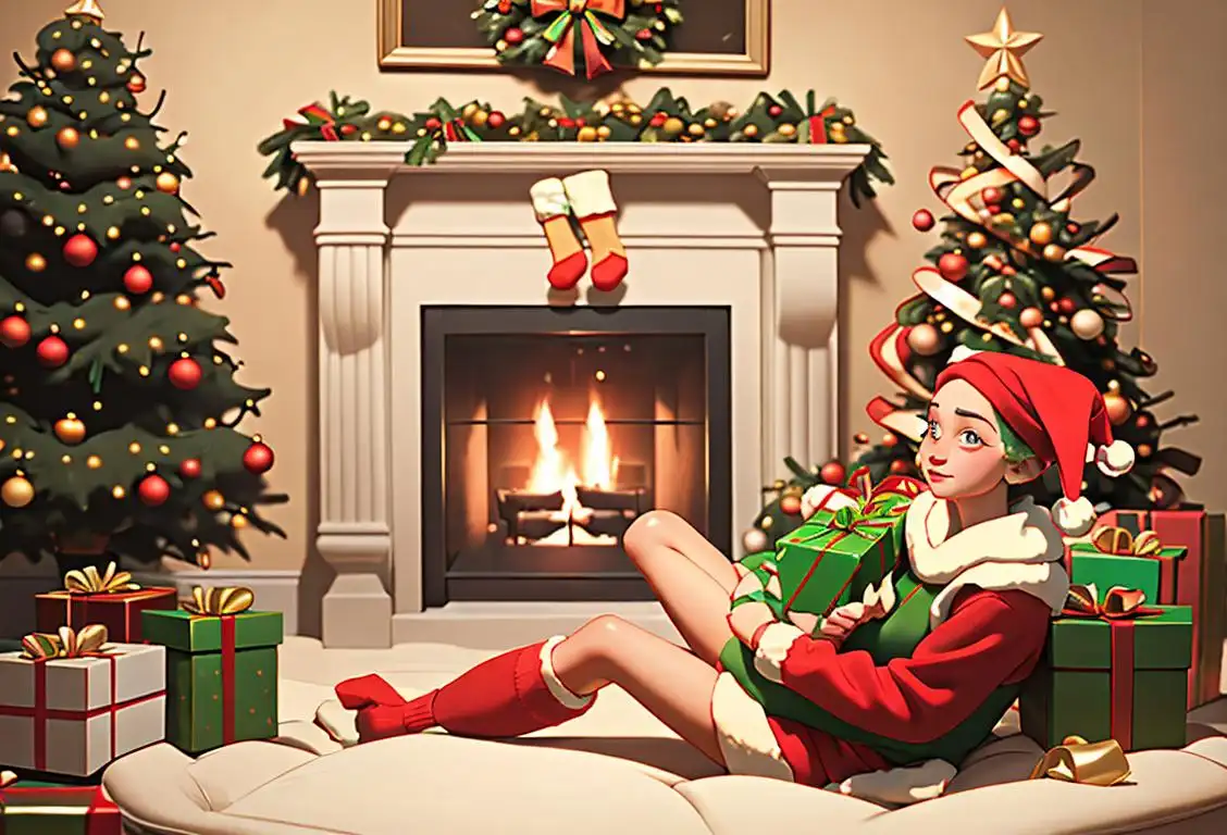 A cozy living room with a beautifully decorated Christmas tree, where a person wears festive Christmas socks and sits near a fireplace, surrounded by wrapped presents..