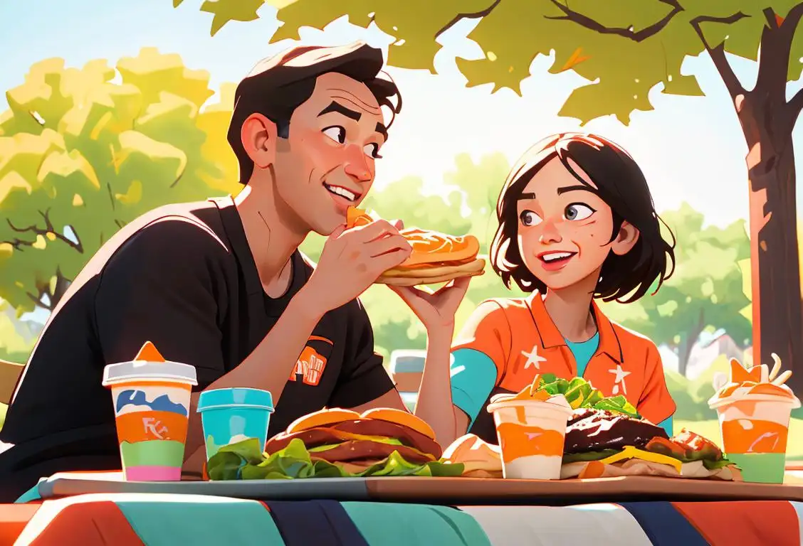 Joyful family enjoying Whataburger meal, wearing colorful summer outfits, picnic scene with a sunny park in the background..