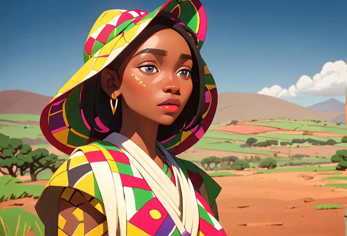 Young woman dressed in traditional Xhosa attire, proudly showcasing the vibrant colors and patterns, surrounded by cultural symbols and lush African landscape..