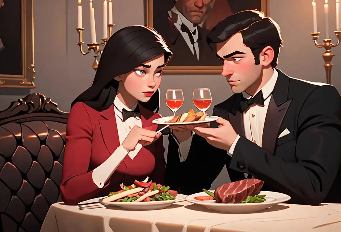 Young couple enjoying a delicious steak dinner, dressed in elegant attire, romantic candlelit dinner setting..