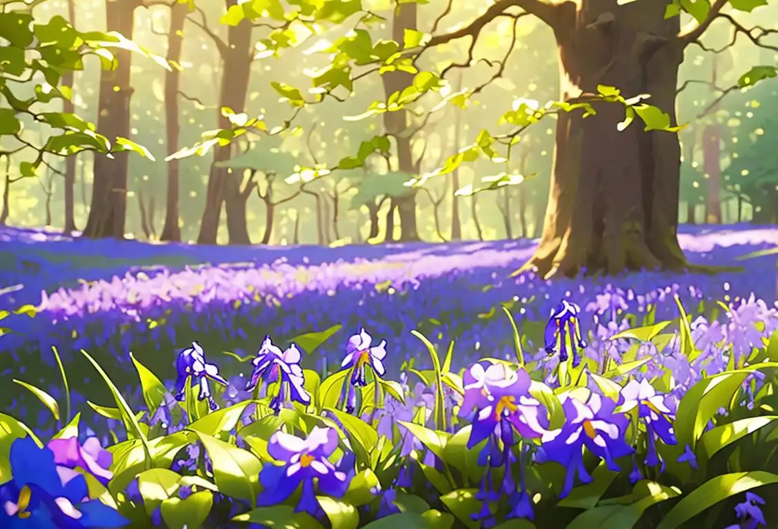 Delicate bluebell flowers in a serene forest setting, with sunlight filtering through the trees and a sense of tranquility in the air..
