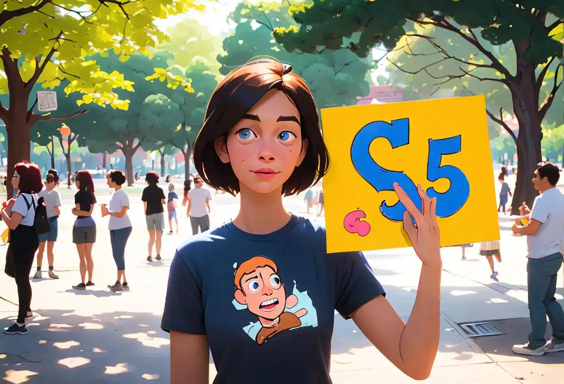 Friendly person wearing a t-shirt, holding a handmade sign saying 'Can I have $5?' surrounded by a diverse crowd in a park..