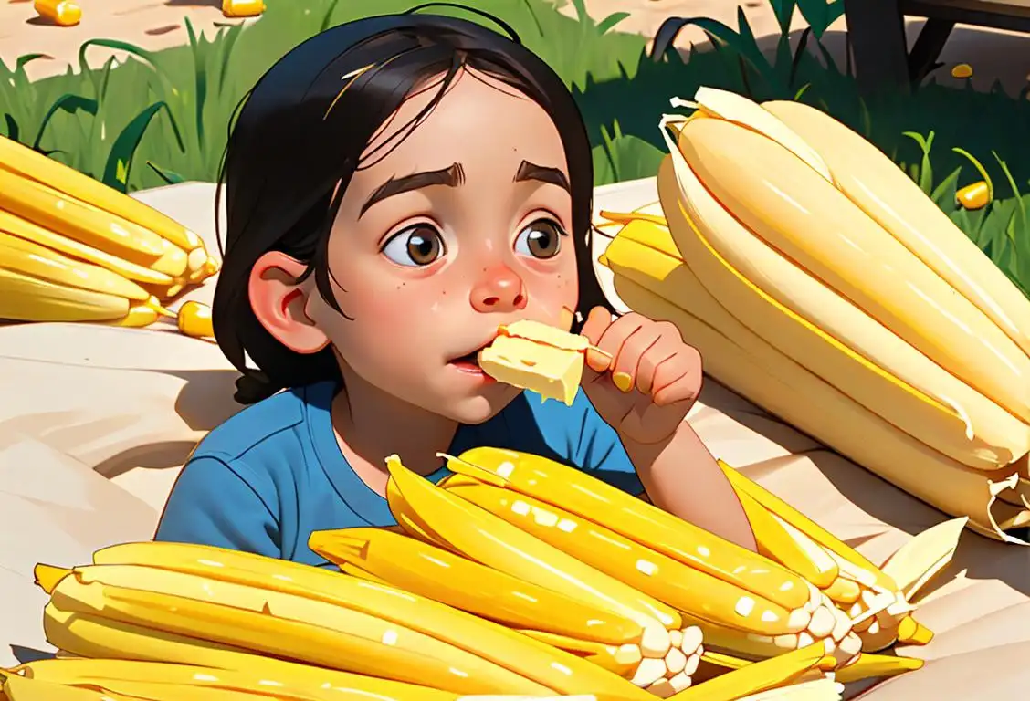 Young child enjoying a corn on the cob, covered in butter, in a sunny backyard picnic setting..
