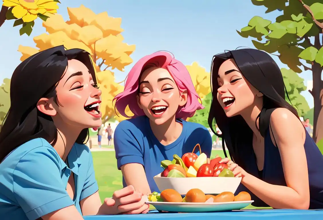 Wholesome image of a group of friends laughing together, dressed casually, enjoying a picnic in a sunny park..