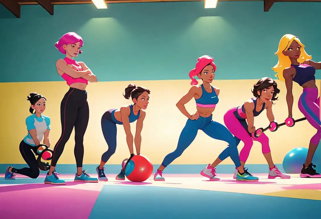 A group of diverse individuals in colorful workout clothes, doing different fitness activities in a vibrant gym setting..