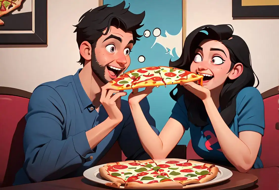 Young couple sharing a pizza, laughing and enjoying a fun-filled meal together at a cozy restaurant, with a hint of excitement and anticipation in their eyes..