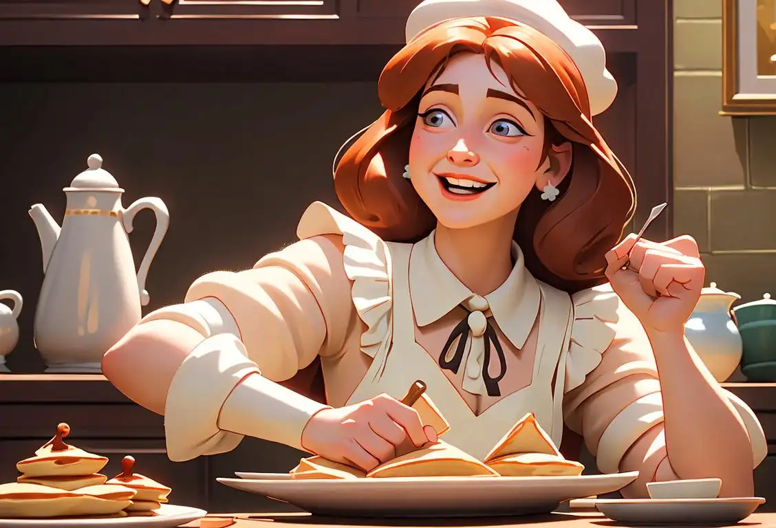 A cheerful person with a stack of fluffy pancakes, wearing a traditional maid costume, surrounded by a vibrant kitchen scene..