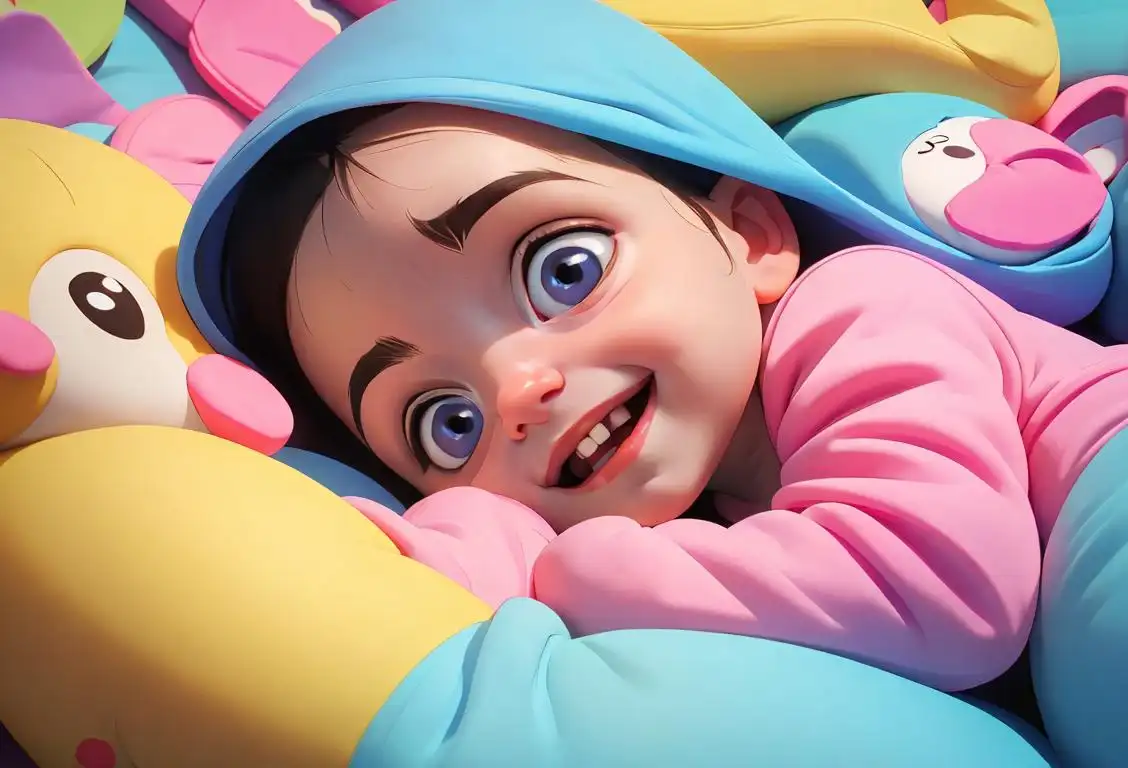 Adorable baby smiling while being cuddled, dressed in cute onesie, surrounded by colorful baby toys..