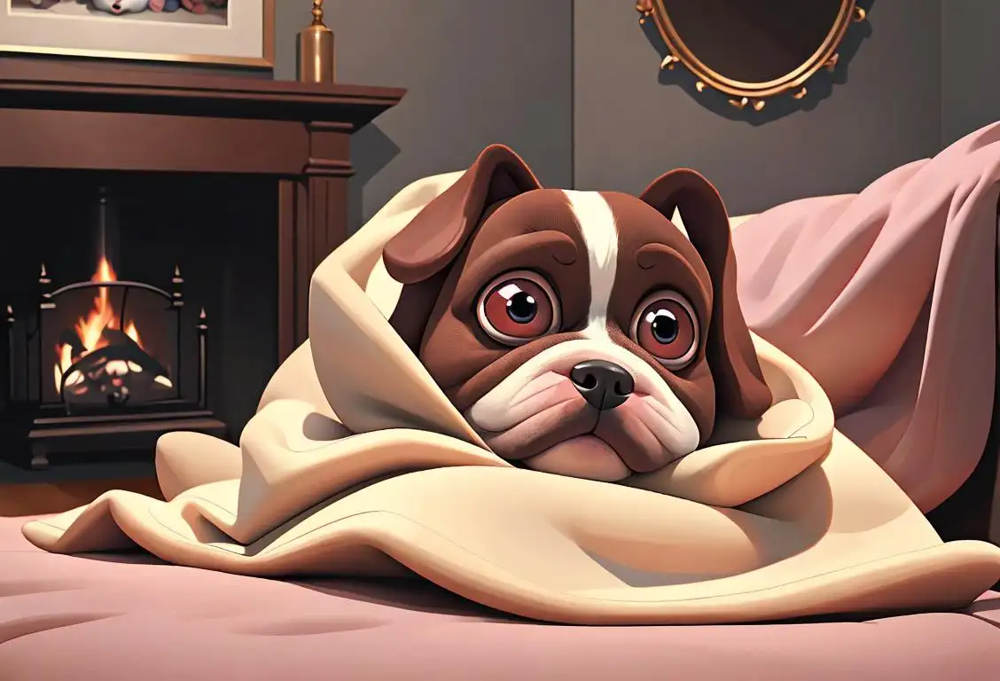 A scared dog with big eyes sitting in a cozy living room, surrounded by plush toys and a comforting blanket..