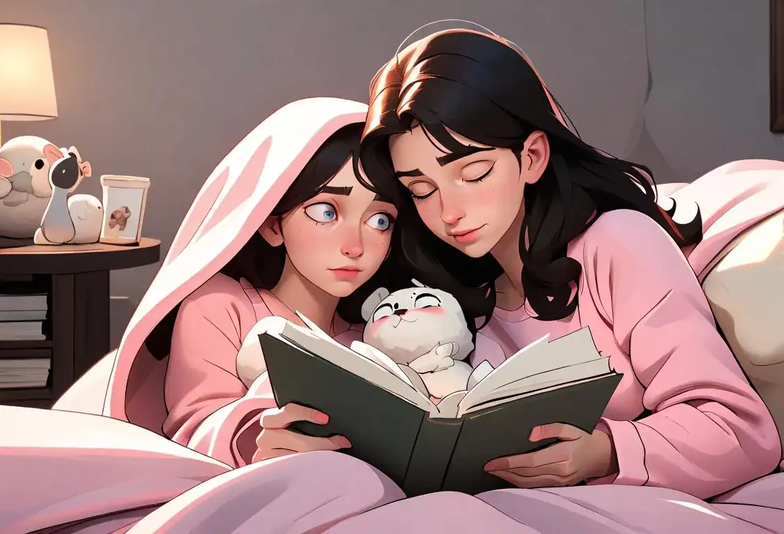 Two people wearing cozy matching pajamas, snuggled up together under a soft blanket, surrounded by fluffy pillows, reading a heartwarming book..