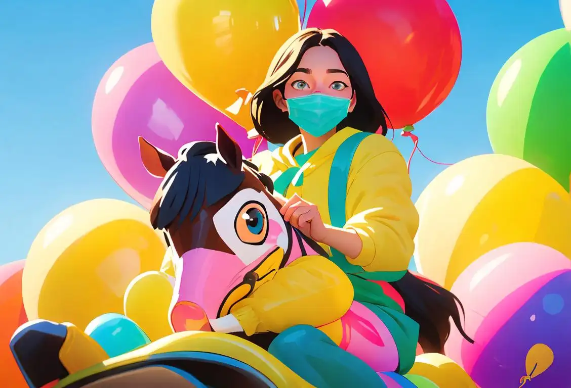 Happy person wearing a face mask while riding an adorable horse, surrounded by colorful balloons and a sunny outdoor setting..