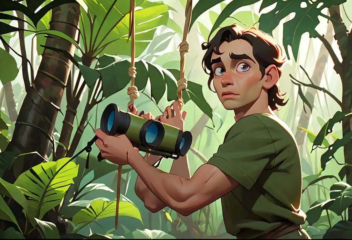 Young adult swinging through the trees, wearing jungle safari outfit with binoculars, tropical jungle setting.