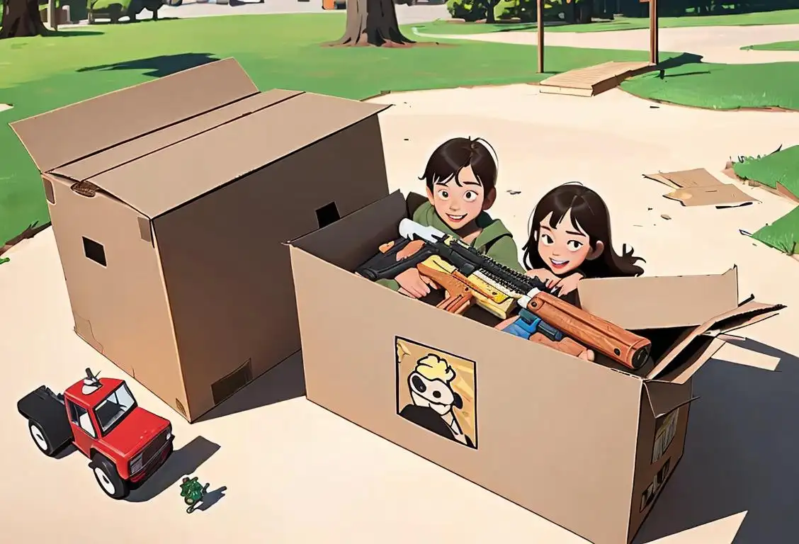 Happy person handing over a cardboard box filled with toy guns, surrounded by children, park setting, sunny day..