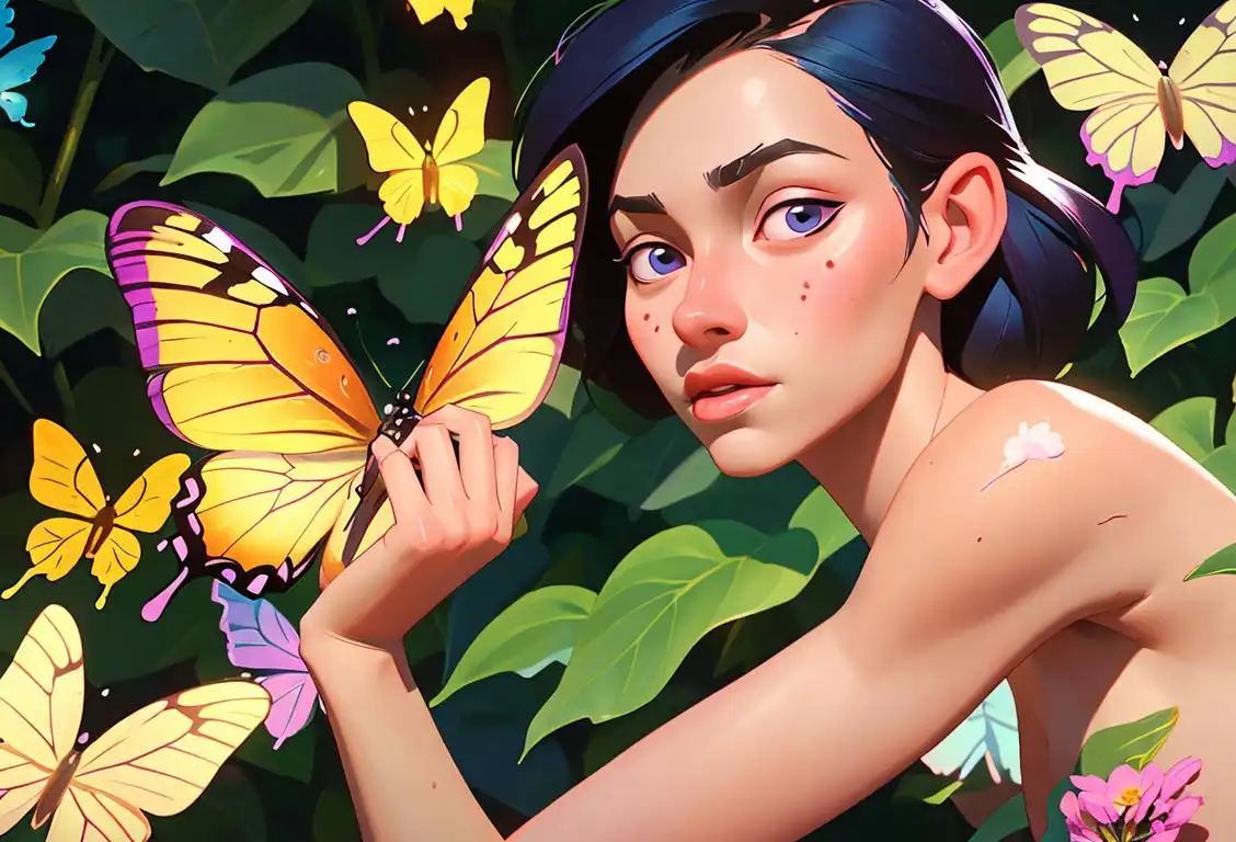 Nonbinary person in colorful body paint, embracing nature in a serene outdoor setting, surrounded by flowers and butterflies..