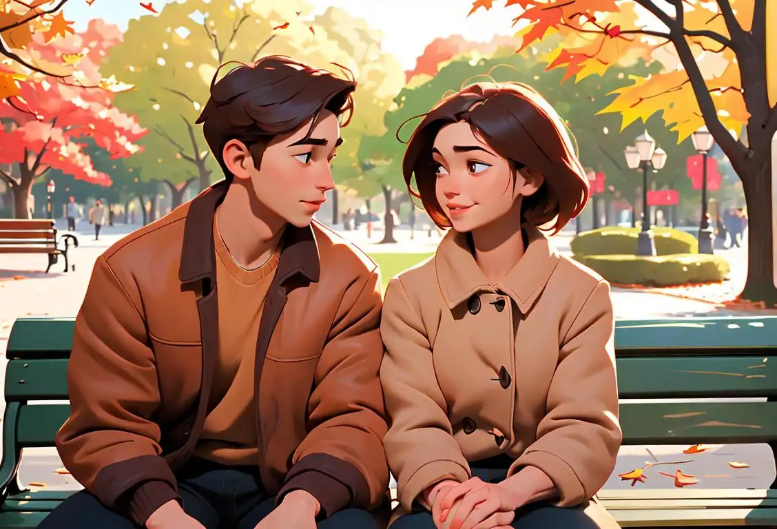 Cozy couple sitting on a park bench, holding hands, surrounded by autumn leaves. They're both dressed in cute and casual outfits, radiating love and warmth..