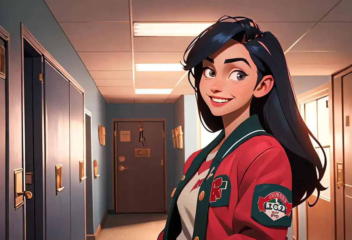 Young woman with a mischievous smile, wearing a secret admirer's letterman jacket, high school hallway scene with lockers..