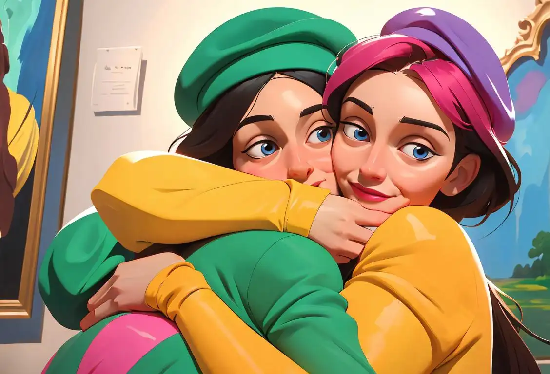 A museum worker, wearing a colorful beret, surrounded by vibrant paintings and sculptures, receiving a warm and appreciative hug..