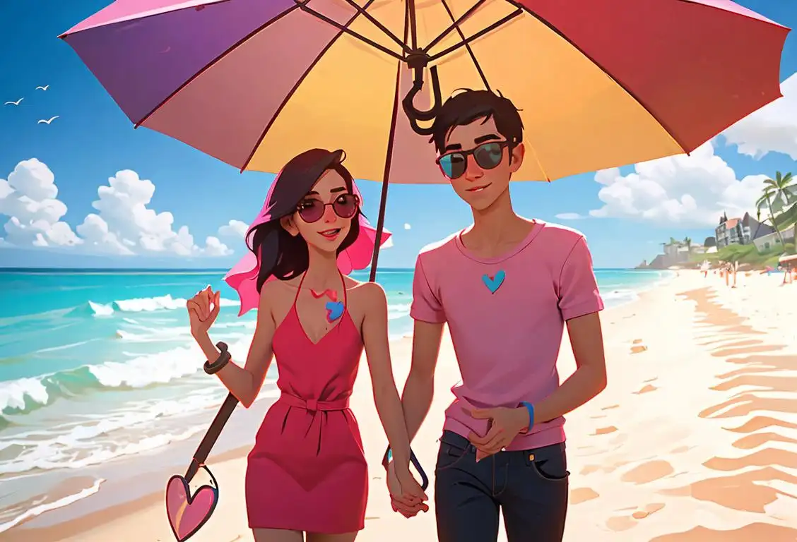 Young couple playfully holding hands, wearing matching heart-shaped sunglasses, beach setting with colorful umbrellas and sandcastles in the background..