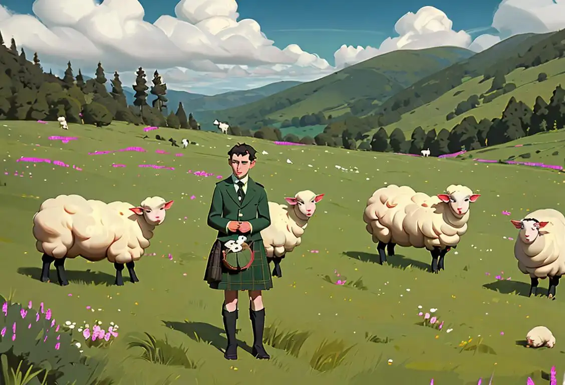 Young man in a kilt, playing the bagpipes, surrounded by green hills and sheep..