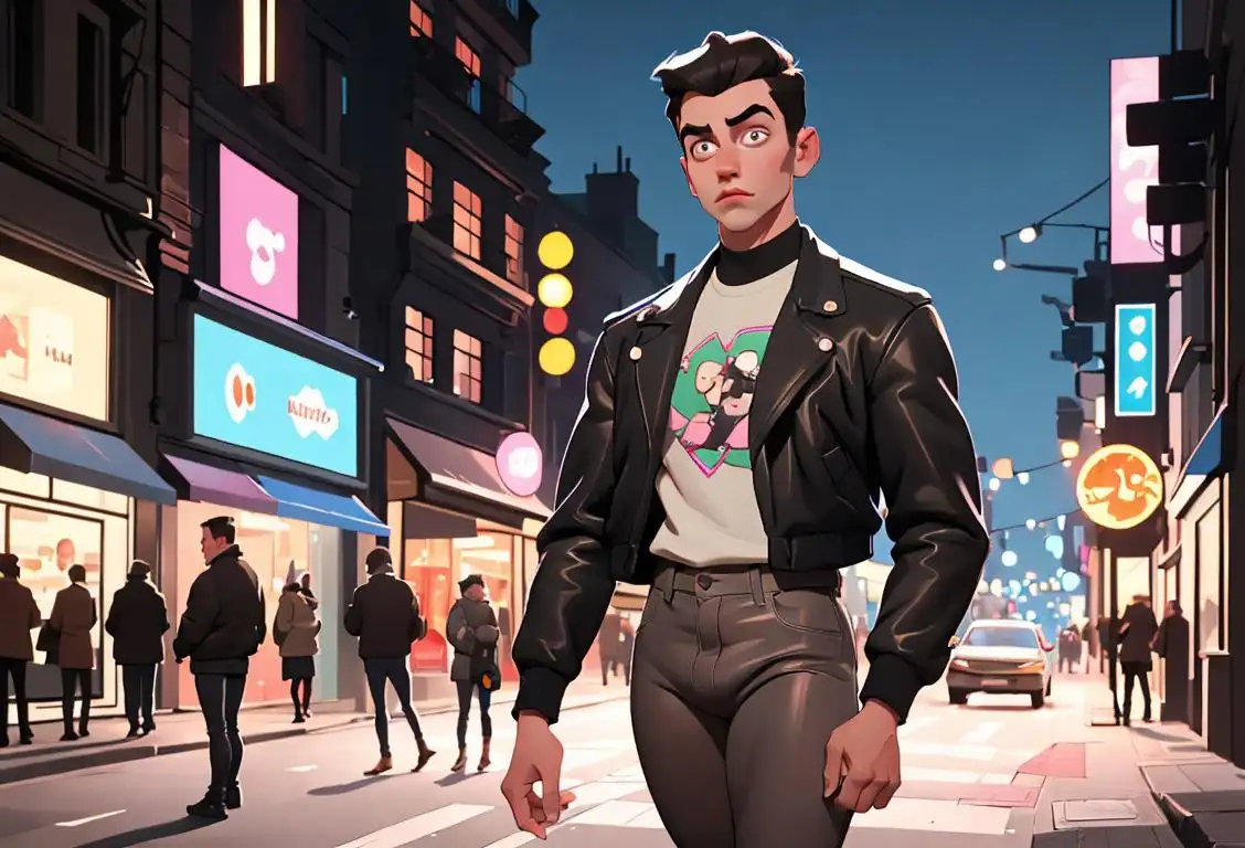 Young man blinking with surprise, wearing tight pants and a fashionable jacket, trendy urban street scene with bright lights in the background..