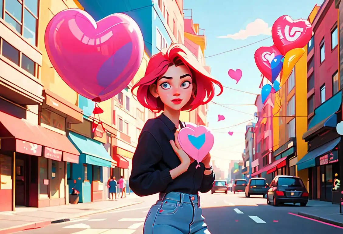 Young person holding a heart-shaped balloon, dressed in casual attire, city street backdrop with vibrant colors..