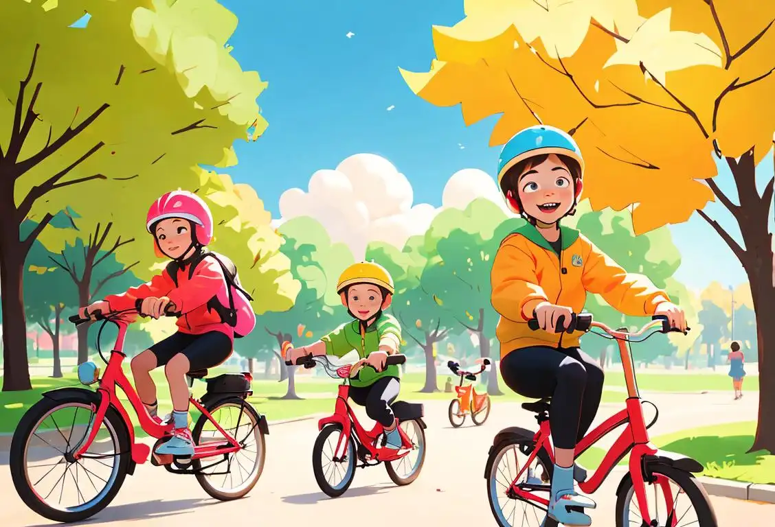 Cheerful children with colorful helmets riding bicycles, safety gear, sunny park setting, diverse group of friends..