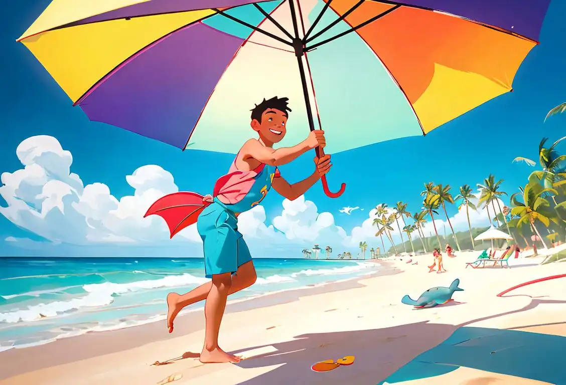 Young man with a vibrant smile, giving a high-five to a cute dolphin, beach scene with colorful beach umbrellas and palm trees in the background..
