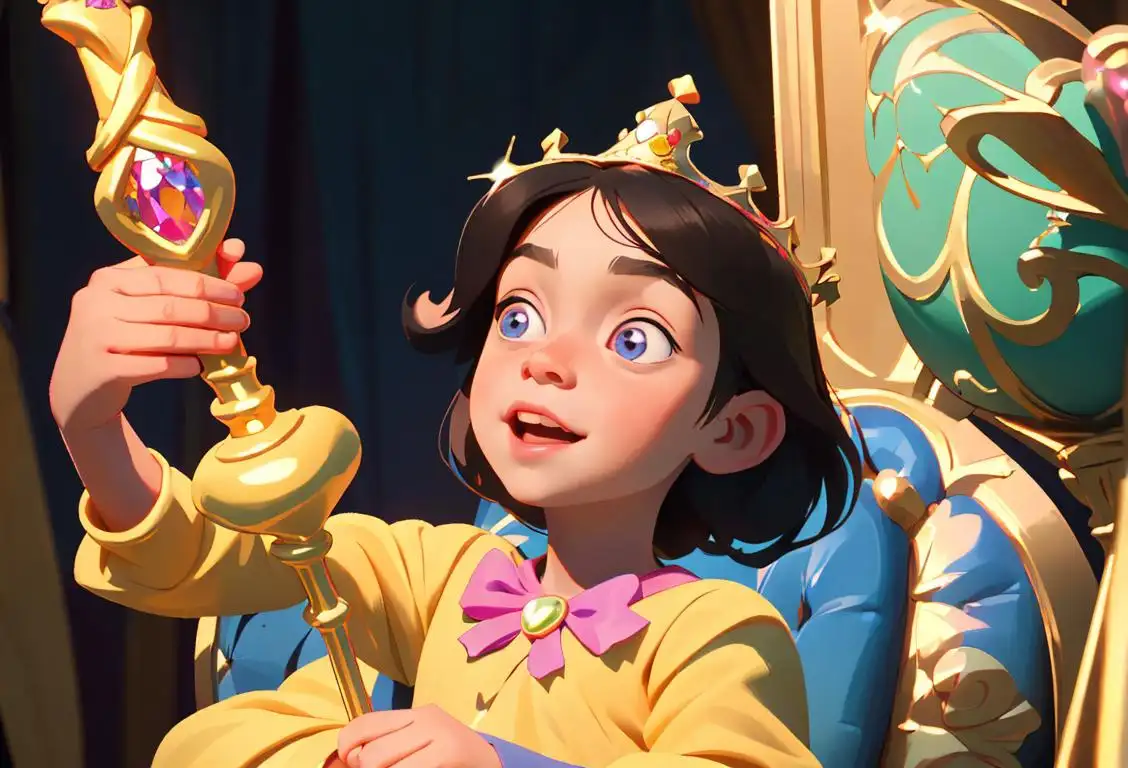 A cheerful child wearing a sparkling crown, holding a majestic scepter, surrounded by a colorful fairytale kingdom..