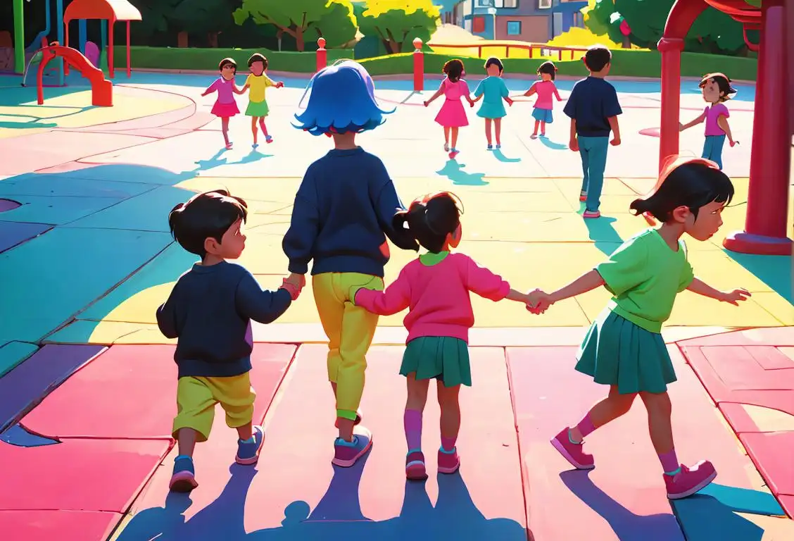 A group of diverse children holding hands, wearing brightly colored clothes, surrounded by a colorful playground scene..