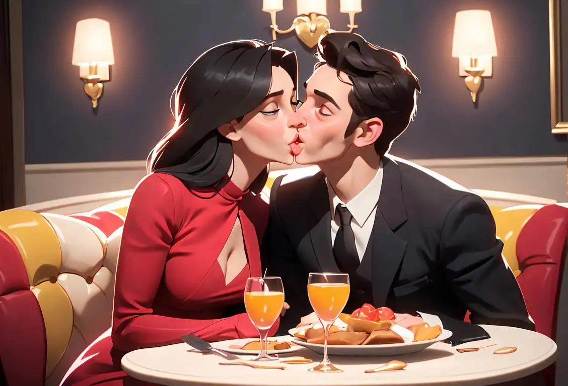 A couple sharing a sweet kiss while enjoying a mouthwatering meal, dressed in elegant attire, amidst a vibrant and festive atmosphere..