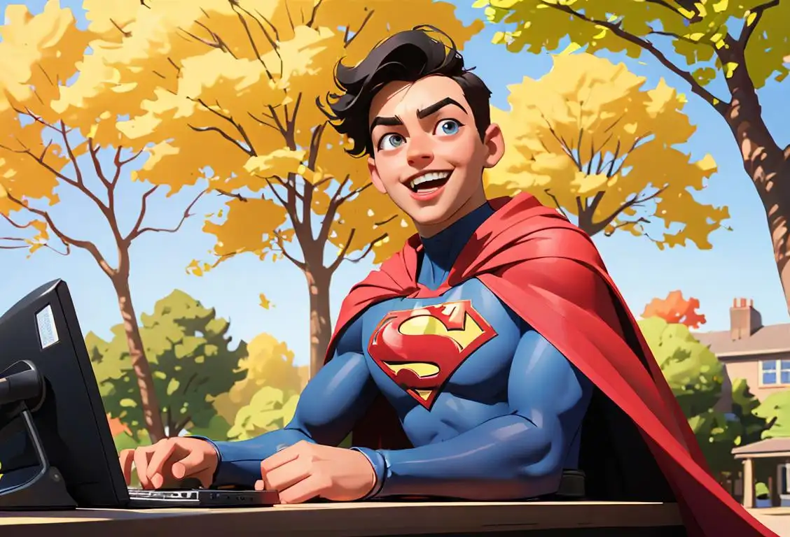 Young person holding a computer above their head, wearing a superhero cape, in a sunny park with trees and laughter in the background..