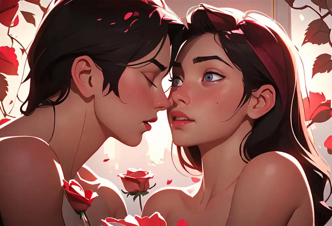 A young couple embracing, surrounded by rose petals, creating an intimate and romantic atmosphere, with soft lighting and a hint of blush on their cheeks..