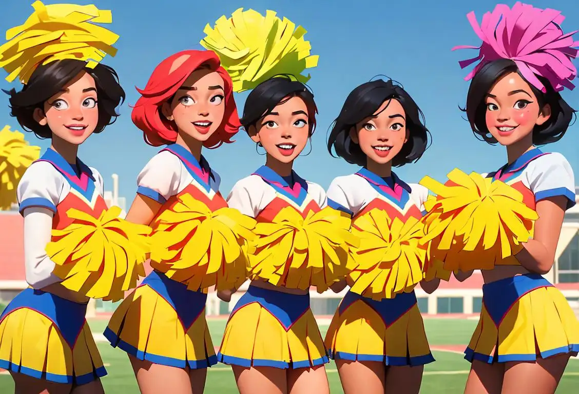 A group of cheerful cheerleaders in colorful uniforms, wearing pom-poms while standing in front of a vibrant school campus..