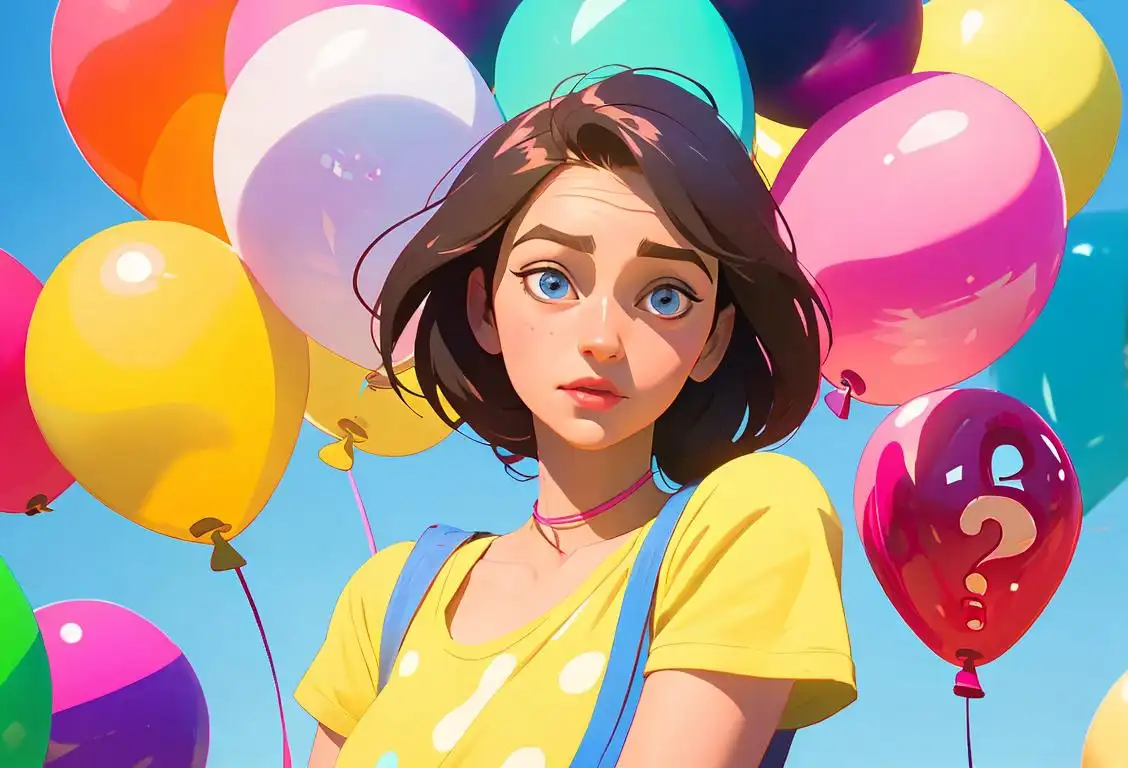Happy young lady in casual attire, surrounded by question marks, colorful balloons, and a whimsical carnival setting..