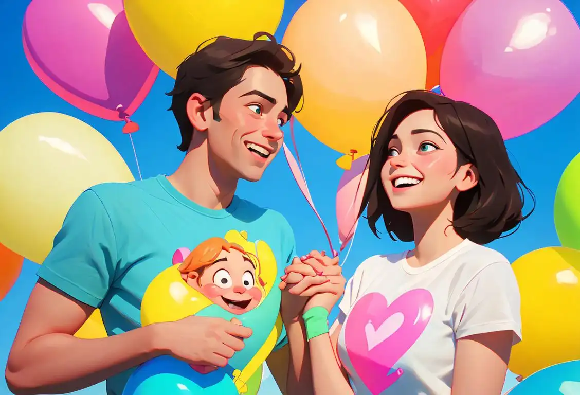 Happy couple holding hands, smiling, wearing matching t-shirts, colorful balloons floating in the background..