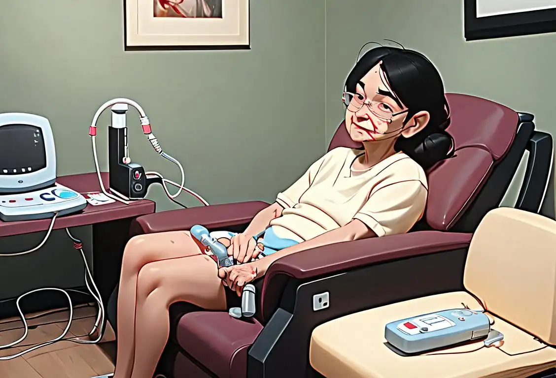 A person in comfortable home attire, sitting in a cozy living room, happily using a dialysis machine for at-home blood purification on National Home Hemodialysis Day..