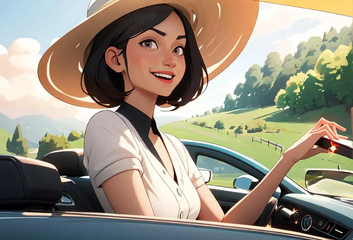 A cheerful driver in a sun hat, turning on their car's turn signal, surrounded by scenic countryside..